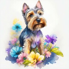 Glen Of Imaal Terrier Dog Sitting, Full Height, Flowers On The Background. Watercolor Art, Pop Art. Digital Illustration Created With Generative AI Technology.