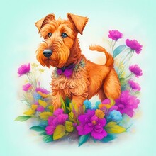 Irish Terrier Dog Sitting, Full Height, Flowers On The Background. Watercolor Art, Pop Art. Digital Illustration Created With Generative AI Technology.
