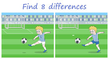 Logic Puzzle Game. Find 8 Differences In Sports Pictures With A Football Player Kicks The Ball On The Green Football Field. Vector Illustration For Children's Development.