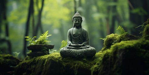 Wall Mural - Buddha in a green mystical background