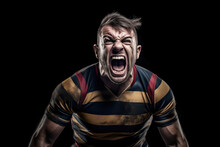 A Man Playing Rugby And Shouting With Passion On The Field, Surrounded By His Teammates And Opponents. Generative AI, AI.