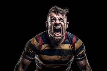 A man playing rugby and shouting with passion on the field, surrounded by his teammates and opponents. Generative AI, AI.