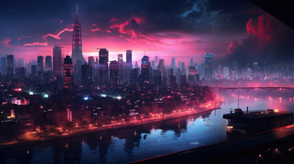 Wall Mural - A cyberpunk skyline illuminated in a mix of red and neon lights from the holographic redlight district below. cyberpunk ar