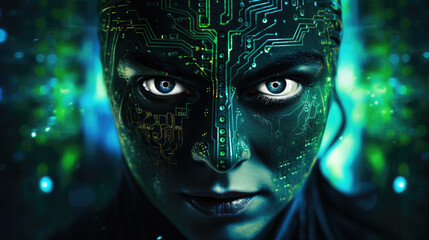 Wall Mural - A person wearing a green and black cyborg mask with glowing blue eyes surrounded by a swirl of glowing binary code and cyberpunk ar