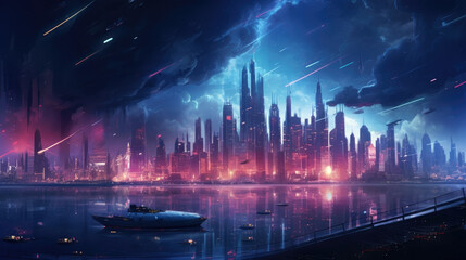 Wall Mural - A futuristiclooking skyline featuring modernistic skysers illuminated by a sea of neon lighting with huge automated cargo cyberpunk ar