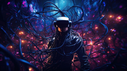 Wall Mural - A VR headset floating in darkness surrounded by hundreds of data cables snaking out into the darkness like neonlit tentacles. cyberpunk ar