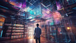 A virtual librarian standing in a library surrounded by holographic shelves that reach to the ceilings. A glowing augmented cyberpunk ar