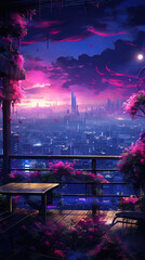 An expansive rooftop oasis filled with bright magenta and blue foliage and glowing plants providing a beautiful and tranquil cyberpunk ar