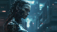 A Cybernetic Female Warrior With Cybernetic Limbs Modified For Combat Surrounded By Computer Terminals In A Large Arena. Cyberpunk Ar