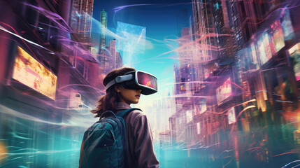 Wall Mural - A wide view of a neonlit cityscape with a person in the middle wearing a VR headset traversing across it while a tour cyberpunk ar