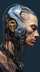 A male human with sleek metallic cybernetics implanted to his face and arms and a bionic hearing device forged onto his cyberpunk ar