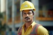 Middle age indian man builder in yellow helmet smiling, looking in camera on the blurred background of the construction. Generative ai