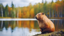 Brown Capybara Sitting By The Lake With Green Forest Background. 
