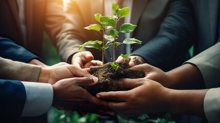 Group of man hands holding or cupping young plant. reduce global warming.