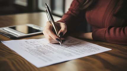 Wall Mural - Happy freelance signing or filling form in a desktop at office