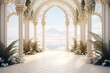 Interior Design of a Huge Mansion with the Style of a Monaster, Some Vegetation and Flowers in the Archway near the Sea. Generative AI.	