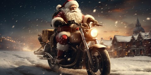 Santa Claus riding a motorcycle in the snow at the North Pole, biker santa claus, Generative AI