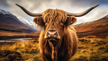 Closeup Of The Typical Scottish Cow. AI Generated