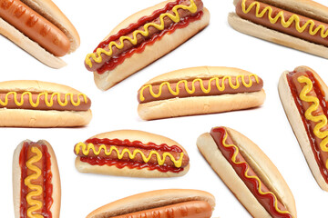 Set of different yummy hot dogs isolated on white