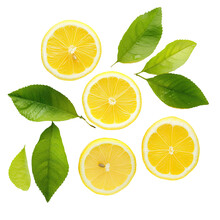 Fresh Organic Lemon With Slice And Leaves On Transparent Backround. Top View. Flat Lay.