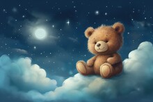 Children's Illustration Of A Teddy Bear Sits On A Cloud Against The Background Of A Starry Sky. Illustration For Children's Posters, Books, Postcard Wallpapers
