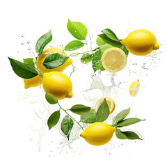 Sticker - An artistic arrangement of lemons and leaves floating in the air against a transparent backround. Image with high resolution.