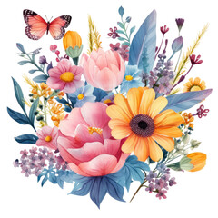 Wall Mural - Flat cartoon illustration of a watercolor floral bouquet with a butterfly, vibrant blush pink, blue, and yellow flowers. Template with decorative elements, isolated on a transparent backround.