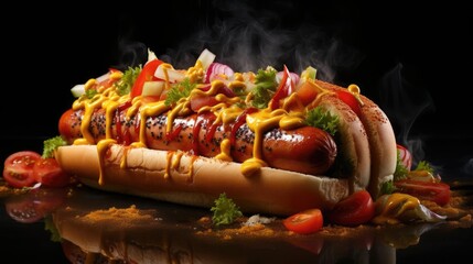 Wall Mural - hotdog with a large sausage filled with melted mayonnaise and a sprinkling of chopped greens