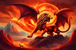Combine a flying dragon with the body of a lion and the tail of a snake in a fiery landscape