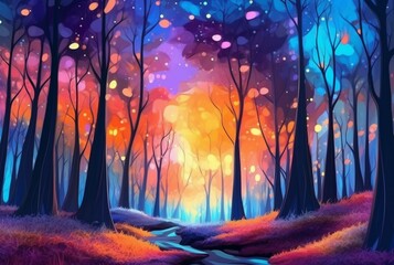 abstract landscape. colorful art fantasy landscape with a forest and glowing light. generative ai