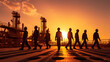 © tong2530 - Team of oil workers walking out of oil rig on desert silhouette at sunset, power industry machines for producing petroleum gas. Generative Ai
