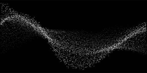 Poster - Abstract random white light dot particles wavy flowing curve shape isolated on black background. Vector in concept technology, science, music, modern.