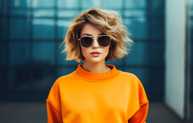 Wall Mural - Girl golden hair wearing an orange hoodie and wear sunglasses. Generative AI.