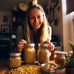 happy woman in the kitchen. chickpeas, how to germinate soybeans. Add legume protein to your diet.