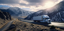 Big Rig Truck On The Road Mountains And Forest In The Background, Rural Landscape, Semi Truck Journey, Truck Transporting A Container, Highway Through The Snowy Mountains Trailer With Skirt Spoiler