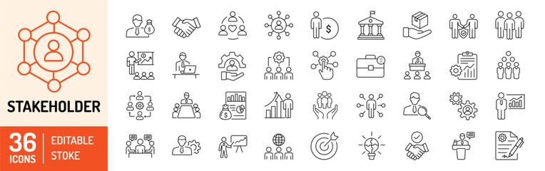 Stakeholder editable stroke icons set. Business, teamwork, trade unions, suppliers, government, customers, creditors, community, investors and partners. Vector illustration