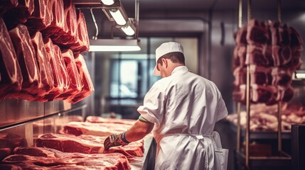 Wall Mural - butcher cuting meat in a butcher shop generative ai