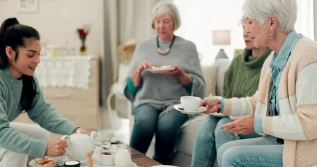 Canvas Print - Tea, senior women or friends at a retirement home for breakfast, chat and relax. Elderly people or group with a caregiver at a table for food and social visit while drinking and eating together