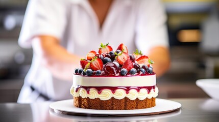 Wall Mural - pastry chef decorating a cake in a bakery generative ai