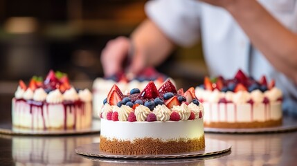 Wall Mural - pastry chef decorating a cake in a bakery generative ai