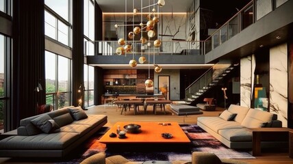 Wall Mural - A modern loft living room in a luxury mansion decorated with a pendulum chandelier and featuring straight stairs. Generative AI AIG27.