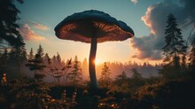 Low-angle Shot Of A Tall Mushroom Silhouetted Against The Forest Skyline At Sunset. Generative AI