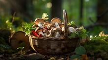 Various Types Of Mushrooms Gathered In A Rustic Basket On A Forest Floor. Generative AI