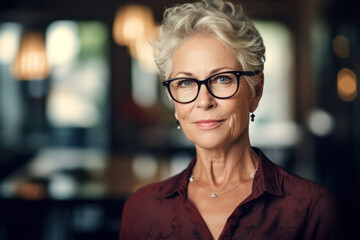 Stylish mature woman manager, smiling middle aged female business owner inside cafe or restaurant looking at camera. Active and successful senior people