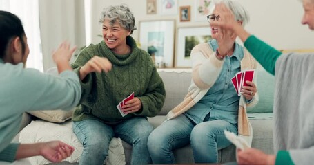 Sticker - Elderly group, high five and playing card game for winning, victory or fun social entertainment together at home. Happy senior people enjoying gathering, team activity or games in the living room