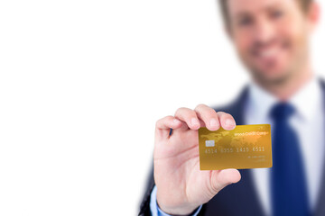 Poster - Digital png photo of caucasian businessman with credit card on transparent background