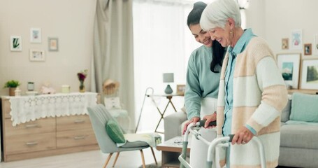 Canvas Print - Woman, nurse and walker in elderly care for physiotherapy, support or trust at old age home. Female physio or caregiver walking and helping patient or person with a disability for recovery in house