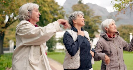 Poster - Senior friends, talking and walking together on an outdoor path to relax in nature with elderly women in retirement. Happy, people pointing and conversation in the park or woods in autumn or winter