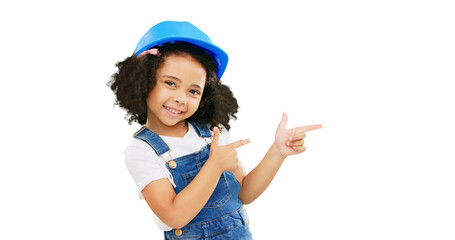 Children, construction and portrait of little girl pointing isolated on a transparent PNG background. Happy child, kid or architect with safety helmet smile in building, advertising or marketing