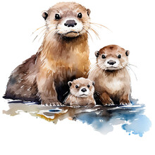 Otter Mom And Family Of 3 Otter Looking At Camera, Watercolor Digital Clipart